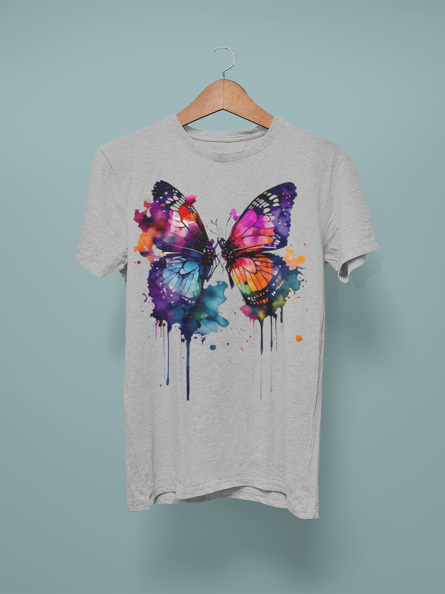 Lt Grey Marl Colour Bleeding Butterflys Graphic